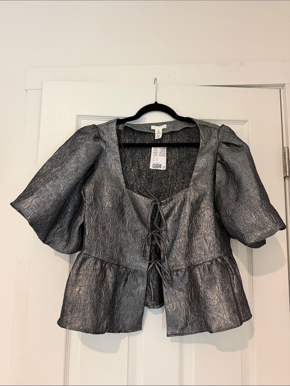 H&M Silver Metallic Puff Sleeve Lace-Up Peplum Top